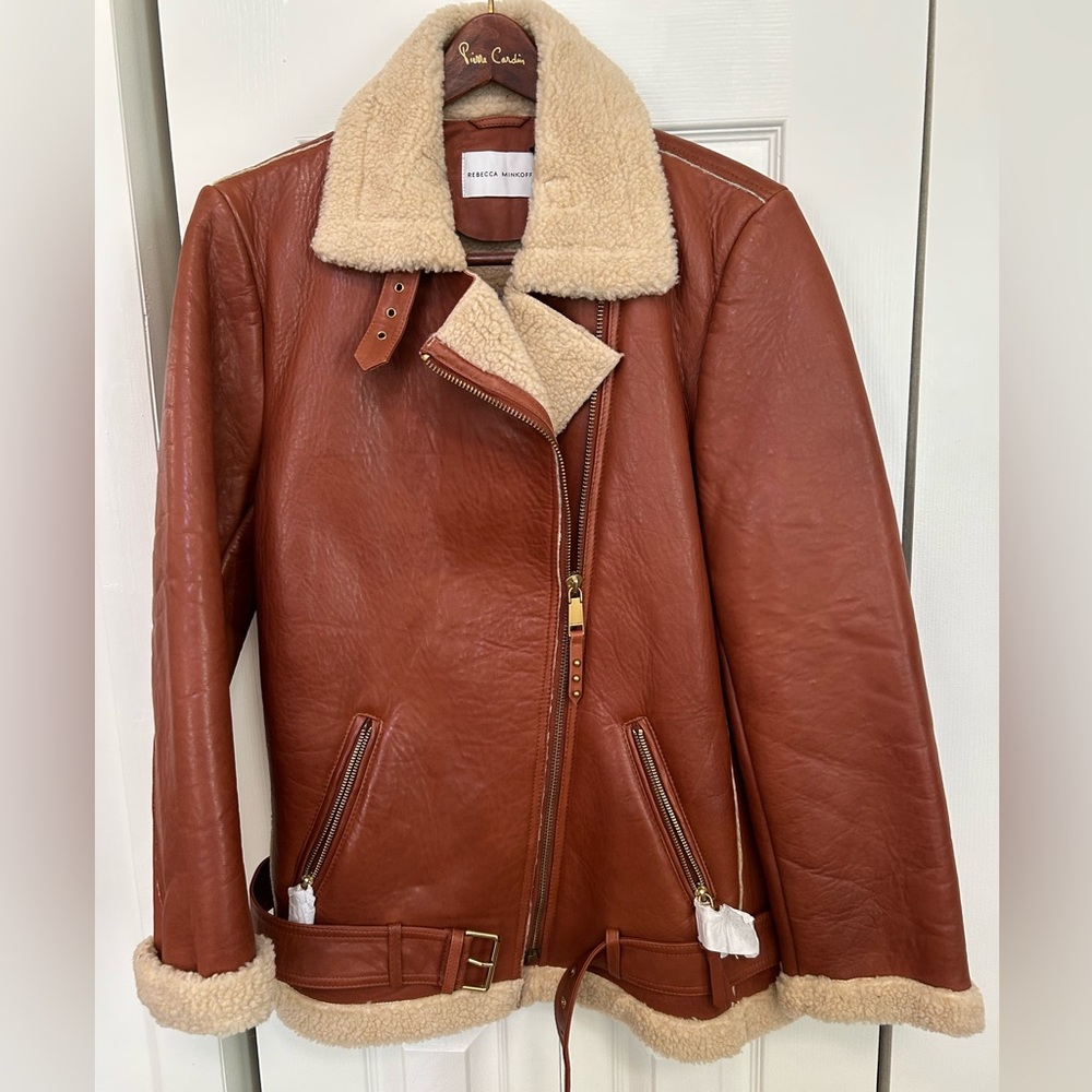 Rebecca Minkoff Tan Leather Jacket with Cream Shearling
